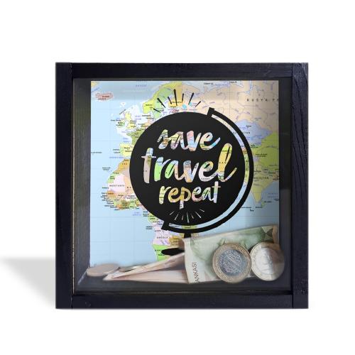 Camlı Ahşap Kumbara Dünya Turu Siyah - Halkkitabevi