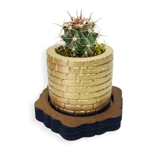 Ahşap Ayaklı, Duvar Desenli Beton Saksı Altın - Halkkitabevi