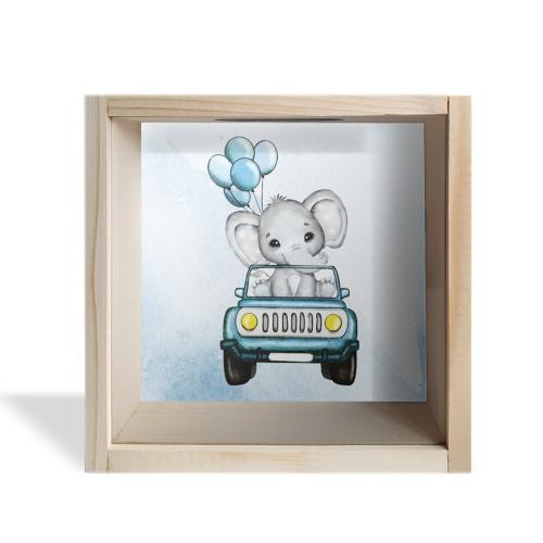 Camlı Ahşap Kumbara Mavi Arabalı Fil Ham Ahşap