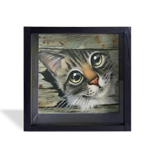 Camlı Ahşap Kumbara Kedicik Siyah