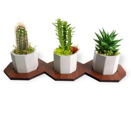 Altıgen Ahşap Ayaklı Beton Saksı Seti