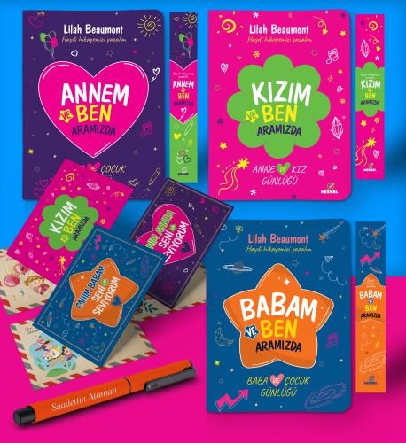 Anne - Baba - Kız Aramızda Ayraç Kartpostal Kişiye Özel Kalem - Turuncu