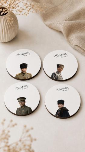 Atatürk Bardak Altlığı 4'lü Set 9 cm, 3 mm MDF, UV Baskı, Dekoratif Bardak Altlık