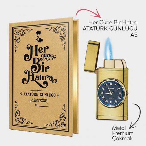 Atatürk Günlüğü A5 ve Brushed Gold Saatli Çakmak