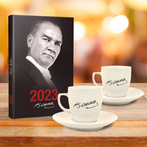 Atatürk Hediye Seti - 2li Atatürk İmza Fincan - Gazi Paşa - Halkkitabe
