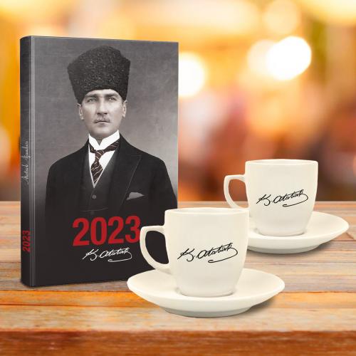Atatürk Hediye Seti - 2li Atatürk İmza Fincan - Kalpaklı - Halkkitabev