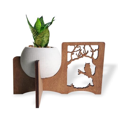 Baykuş ve Orman Figürlü Beton Saksılı Ahşap Stand