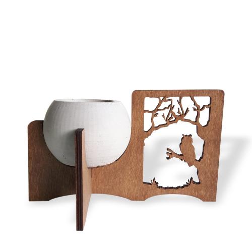 Baykuş ve Orman Figürlü Beton Saksılı Ahşap Stand - Halkkitabevi