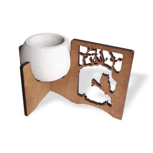 Baykuş ve Orman Figürlü Beton Saksılı Ahşap Stand - Halkkitabevi