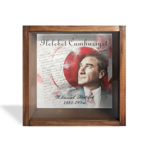 Camlı Ahşap Kumbara Atatürk İlelebet Cumhuriyet