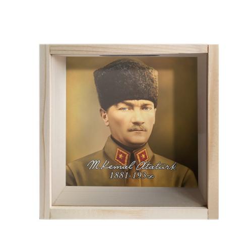 Camlı Ahşap Kumbara Kalpaklı Atatürk "Ham Ahşap" - Halkkitabevi