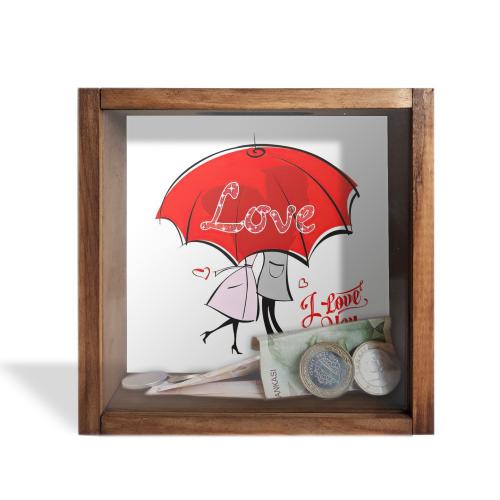 Camlı Ahşap Kumbara Kırmızı Şemsiyeli Love