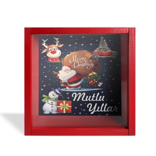 Camlı Ahşap Kumbara Mutlu Yıllar - Kırmızı