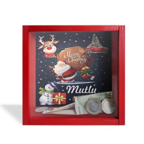 Camlı Ahşap Kumbara Mutlu Yıllar - Kırmızı - Halkkitabevi