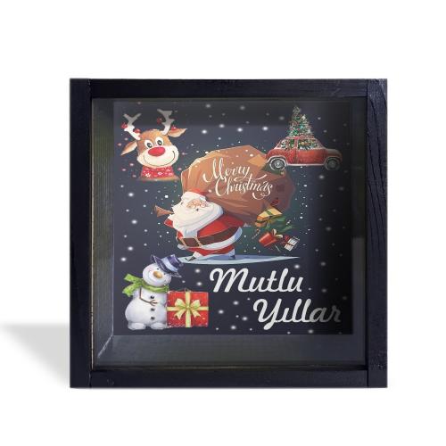 Camlı Ahşap Kumbara Mutlu Yıllar - Siyah