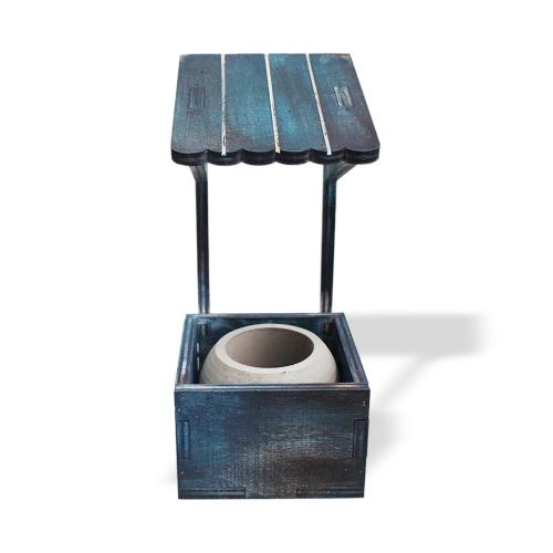 Çatılı Dekoratif Beton Saksı Standı, Mavi Eskitme Desenli - Halkkitabe