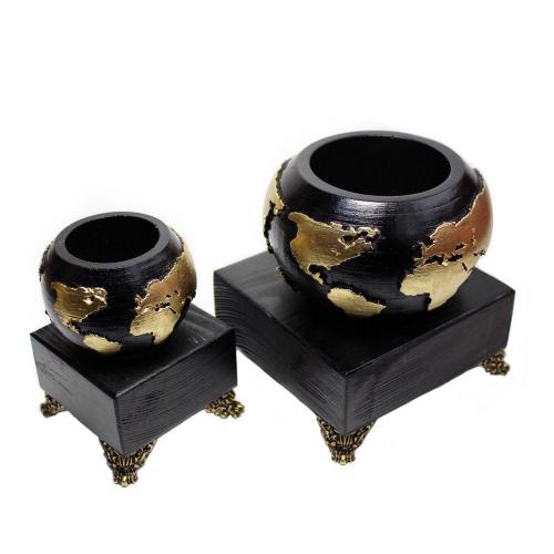 Dünya Beton Saksı 2'li Set Siyah Altın, Metal Ayaklı Ahşap Stand