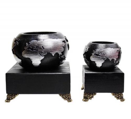 Dünya Beton Saksı 2'li Set Siyah Gümüş, Metal Ayaklı Ahşap Stand