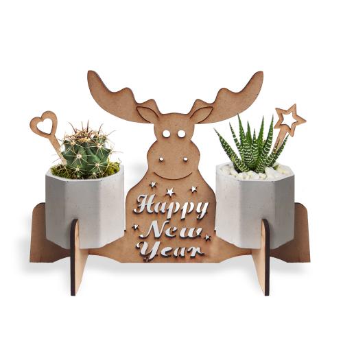 Beton Saksılı Sevimli Geyik Desenli Ahşap Stand