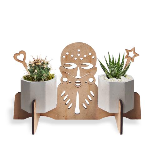 Beton Saksılı Zenci Savaşçı Desenli Ahşap Stand Model 2