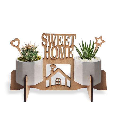 Beton Saksılı Sweet Home Yazılı Ahşap Stand