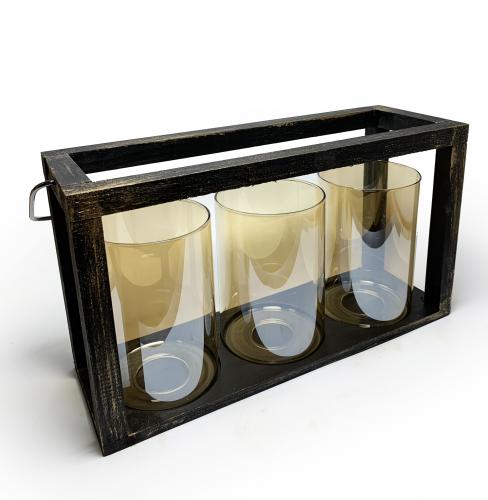 3'lü Ahşap Siyah Altın Varak Fener Mumluk