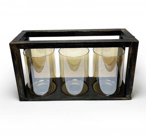 3'lü Ahşap Siyah Altın Varak Fener Mumluk - Halkkitabevi