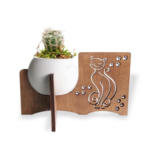 Kedi Figürlü Beton Saksılı Ahşap Stand