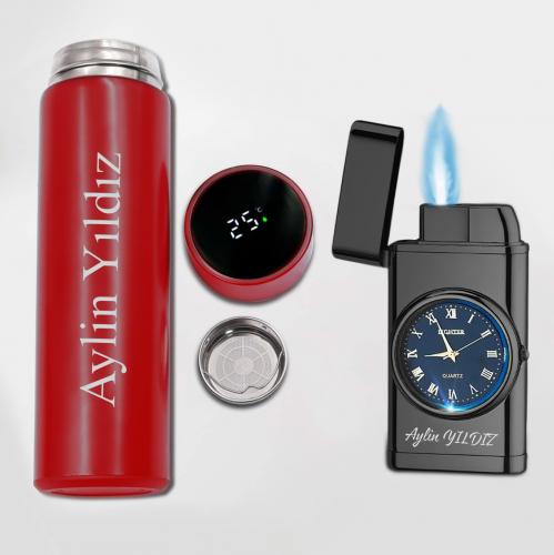 Kişiye Özel Kırmızı Dereceli Termos ve Piano Black Saatli Çakmak - 
