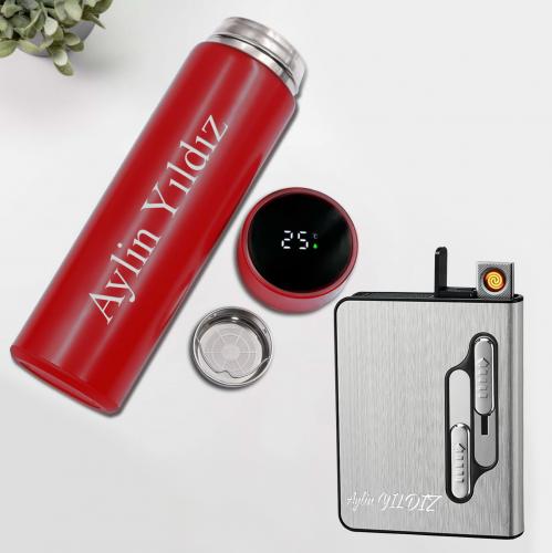 Kişiye Özel Kırmızı Dereceli Termos ve Şarjlı Çakmaklı Tabaka - Ha