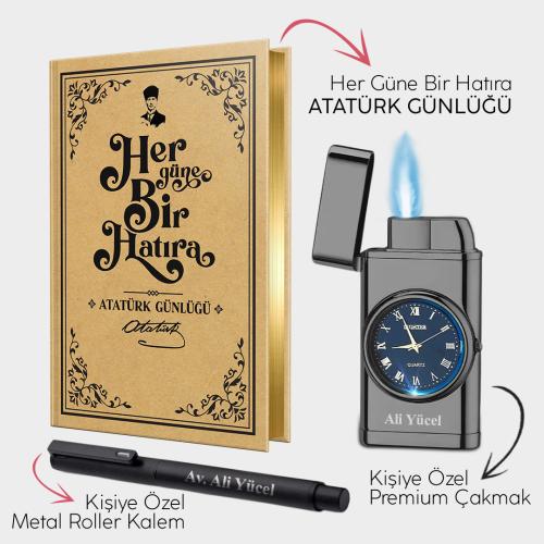 Kişiye Özel - Piano Black Saatli Çakmak - Metal Roller Kalem ve Atatür