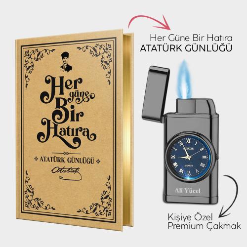 Kişiye Özel - Piano Black Saatli Çakmak ve Atatürk Günlüğü - Halkkitab