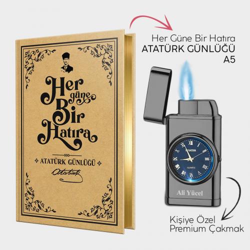 Kişiye Özel - Piano Black Saatli Çakmak ve Atatürk Günlüğü A5