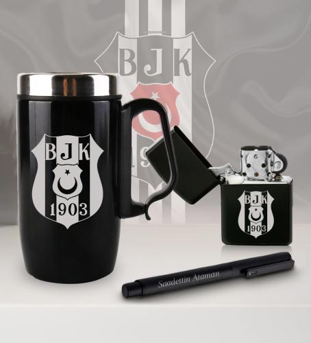 Kişiye Özel Taraftar Seti - Termos Kupa Bardak - Benzinli Çakmak - Metal Roller Kalem - Beşiktaş