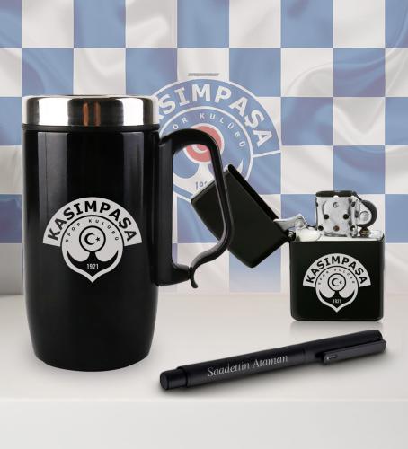 Kişiye Özel Taraftar Seti - Termos Kupa Bardak - Benzinli Çakmak - Met