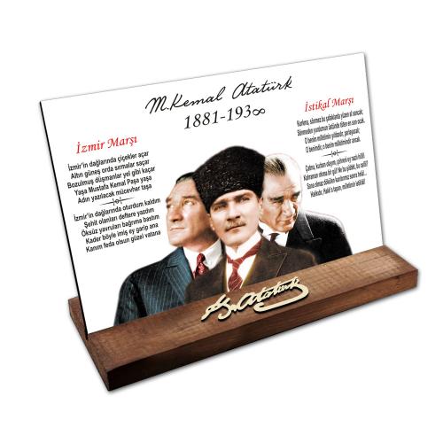 Masaüstü Ahşap Tablo - Atatürk İmzalı ve Resimli Model 9 - Halkkitabev
