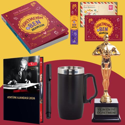 Öğretmenim ve Ben Aramızda - Oscar Heykeli - Kulplu Termos - Ciltli 2026 Atatürk Ajandası ve Roller Kalem