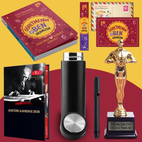 Öğretmenim ve Ben Aramızda - Oscar Heykeli - Termos - Ciltli 2026 Atatürk Ajandası ve Roller Kalem