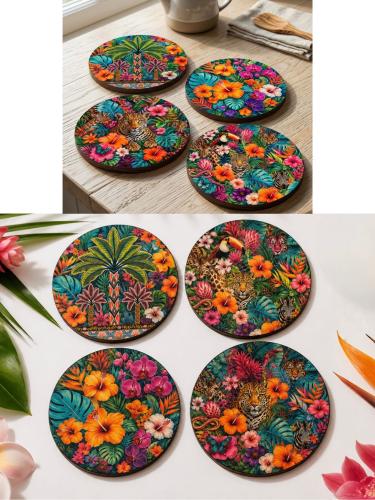 Safari Bardak Altlığı 4'lü Set 9 cm, 3 mm MDF, UV Baskı, Dekoratif B