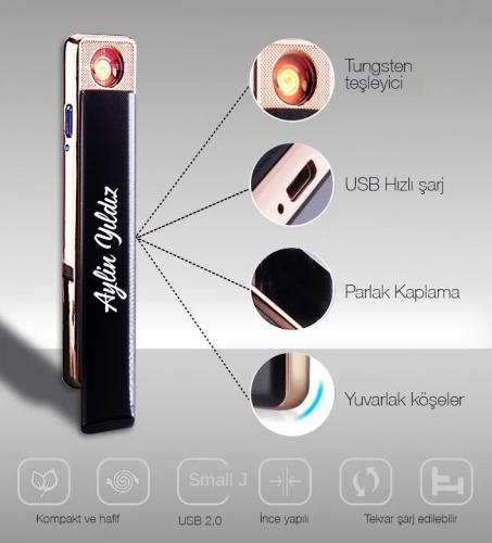 Kişiye Özel Sürgülü Şarjlı USB Çakmak - Halkkitabevi