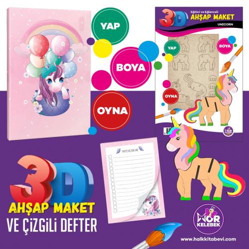 Unicorn Ahşap Maket - Çizgili Defter ve Bloknot Seti -2