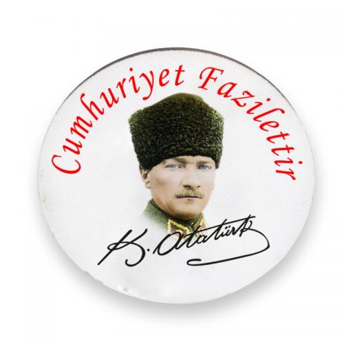 Yuvarlak Ahşap Magnet 58mm Renkli Atatürk Baskılı Model 4 - Halkkitabe
